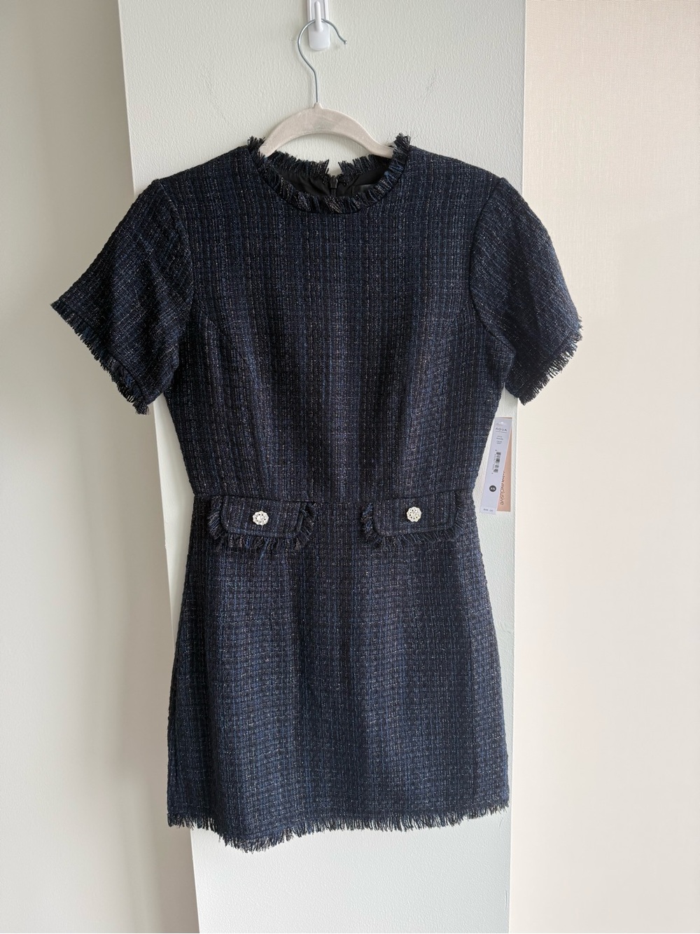 Aqua Black Tweed Mini Dress with Fringed Trim and Jewel Buttons